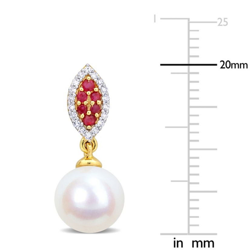 8MM Freshwater Cultured Pearl and Ruby with 1/7 ct. t.w. Diamond Halo Drop Earrings in 14K Yellow Gold