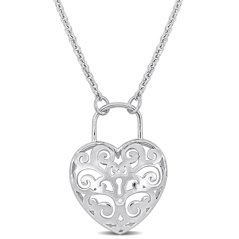 Heart Lock Charm Pendant with Chain in Sterling Silver