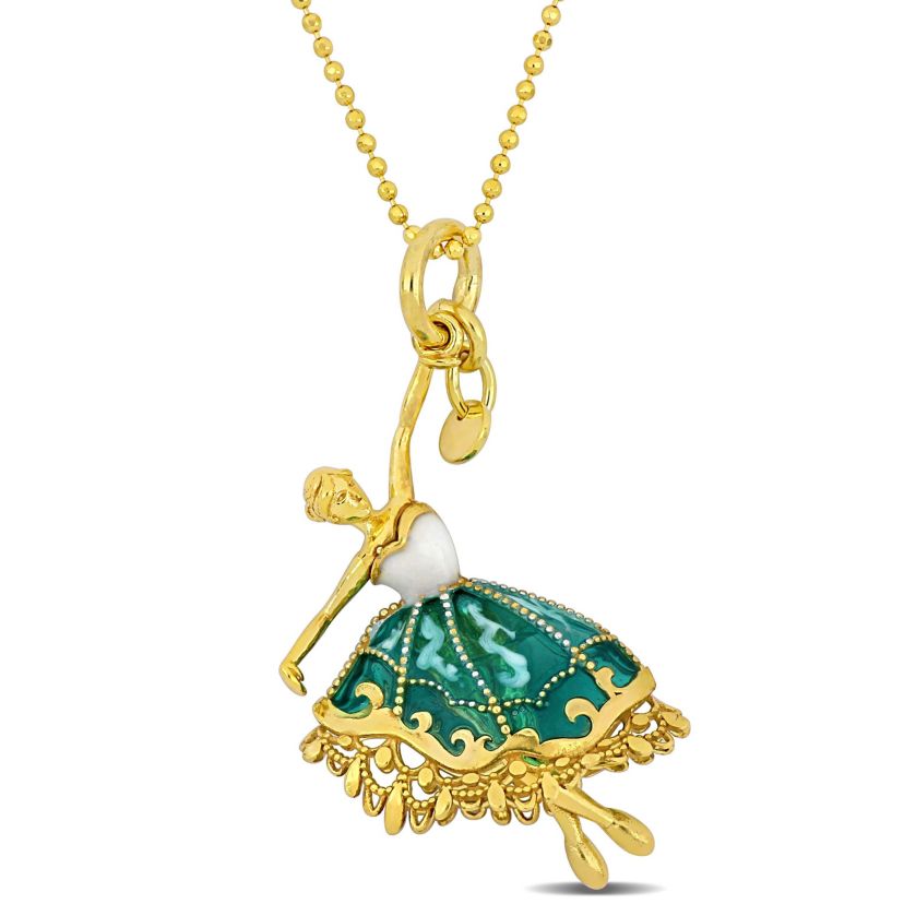 Green and White Enamel Dancer Necklace in Yellow Plated Sterling Silver