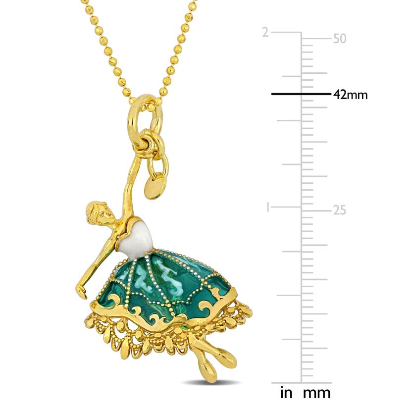 Green and White Enamel Dancer Necklace in Yellow Plated Sterling Silver