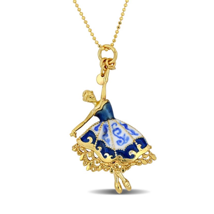 Blue and White Enamel Dancer Charm Necklace in Yellow Plated Sterling Silver