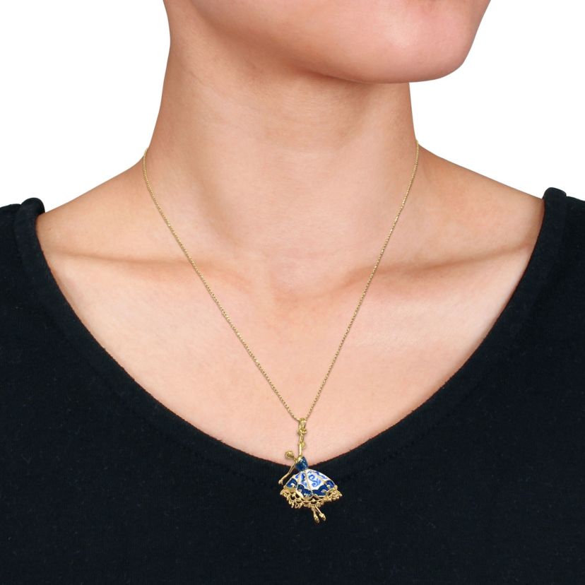 Blue and White Enamel Dancer Charm Necklace in Yellow Plated Sterling Silver