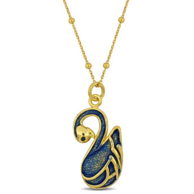 Blue Enamel Swan Necklace in Yellow Plated Sterling Silver