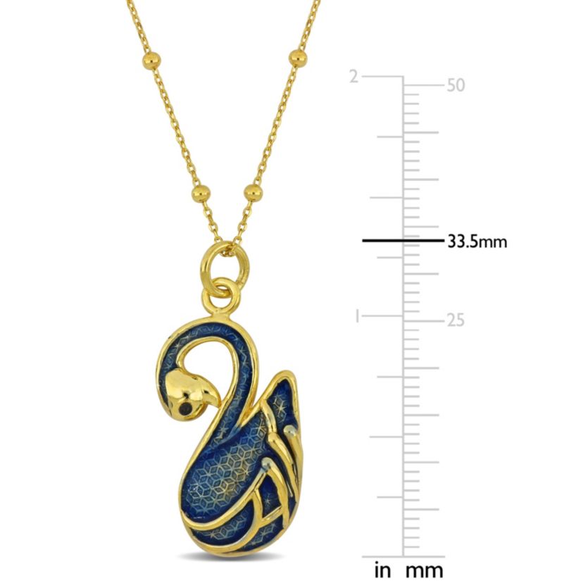 Blue Enamel Swan Necklace in Yellow Plated Sterling Silver
