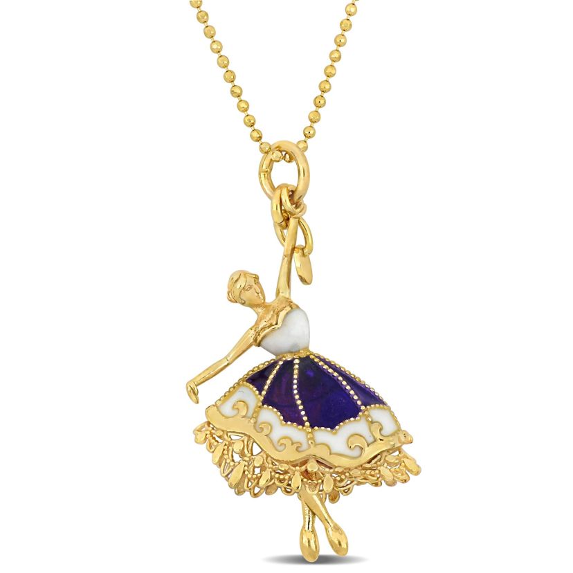 Purple and White Enamel Dancer Necklace in Yellow Plated Sterling Silver