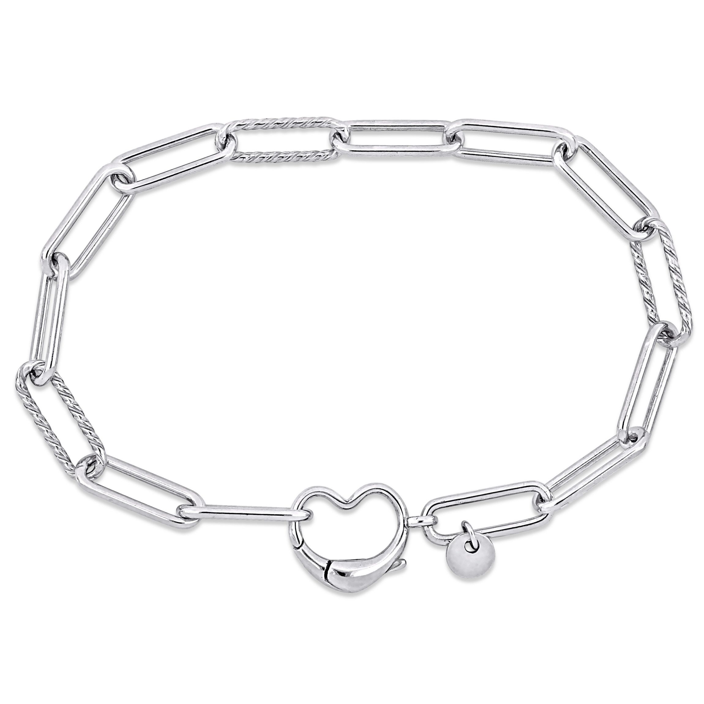 Paper Clip Link Bracelet with Heart Clasp in Sterling Silver - 9"