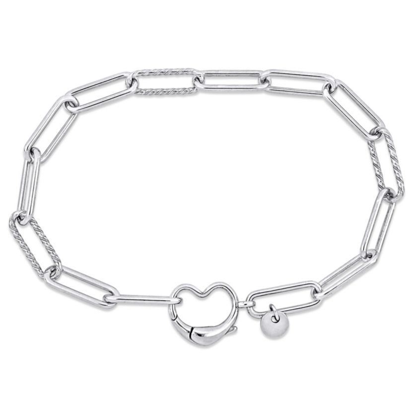 Paper Clip Link Bracelet with Heart Clasp in Sterling Silver - 9"