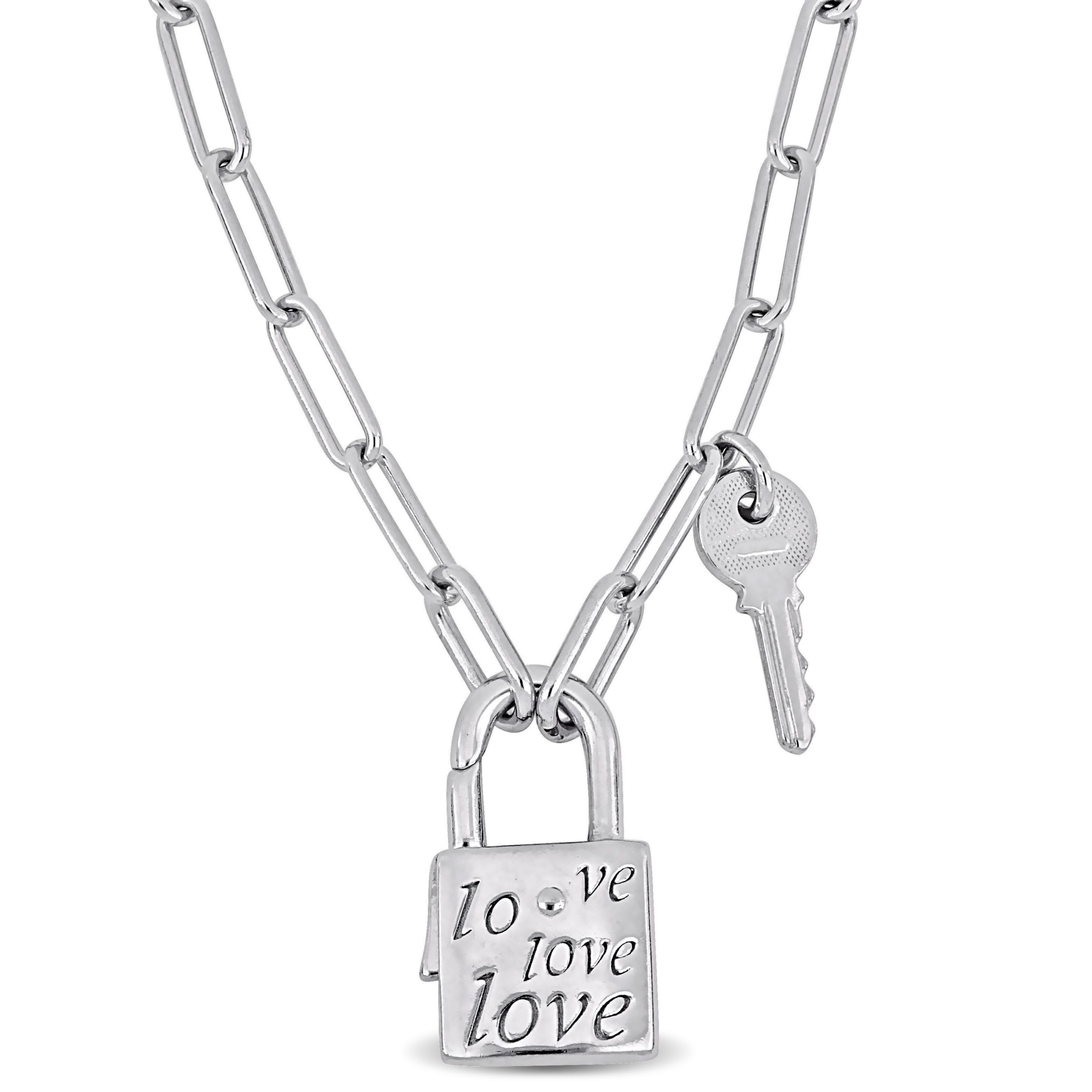 Paper Clip Link Necklace with Lock & Key Clasp in Sterling Silver - 20"