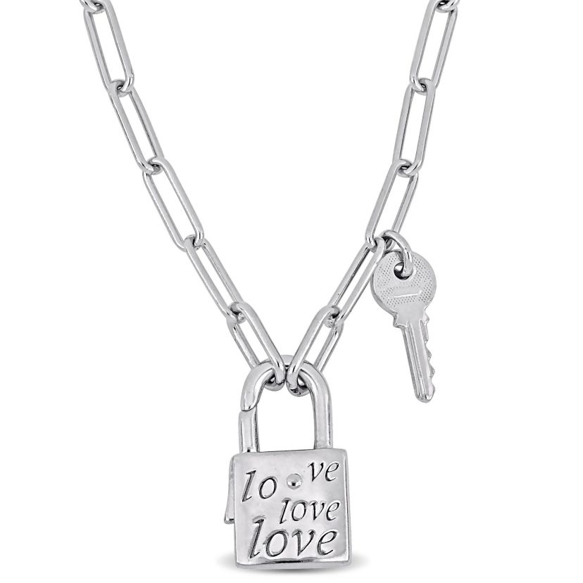 Paper Clip Link Necklace with Lock & Key Clasp in Sterling Silver - 20"