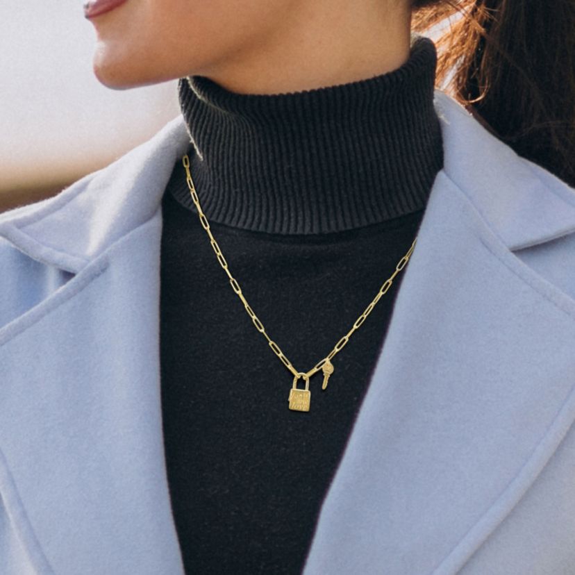Paper Clip Link Necklace with Lock & Key Clasp in Yellow Plated Sterling Silver - 20"