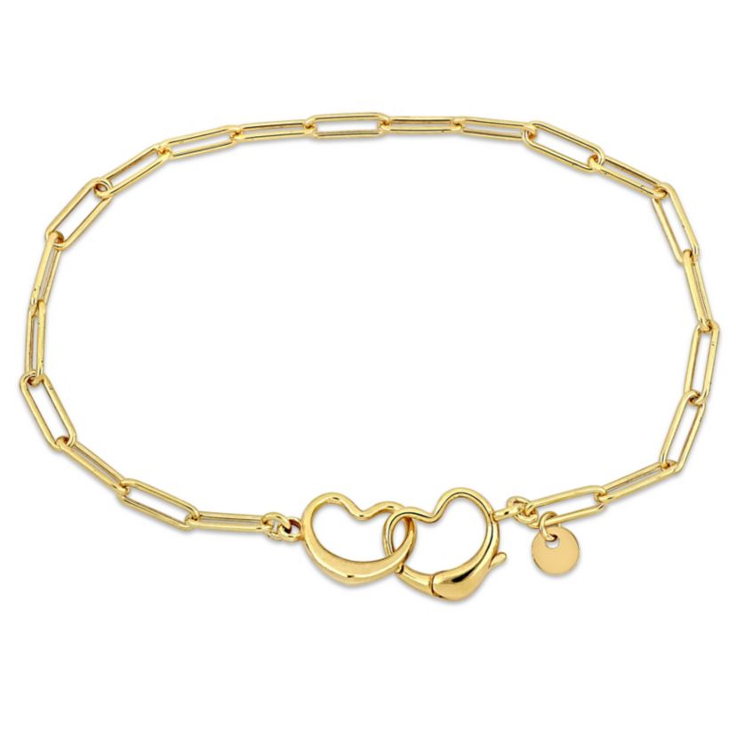 Paper Clip Link Bracelet with Double Heart Clasp in Yellow Plated Sterling Silver - 7.5"