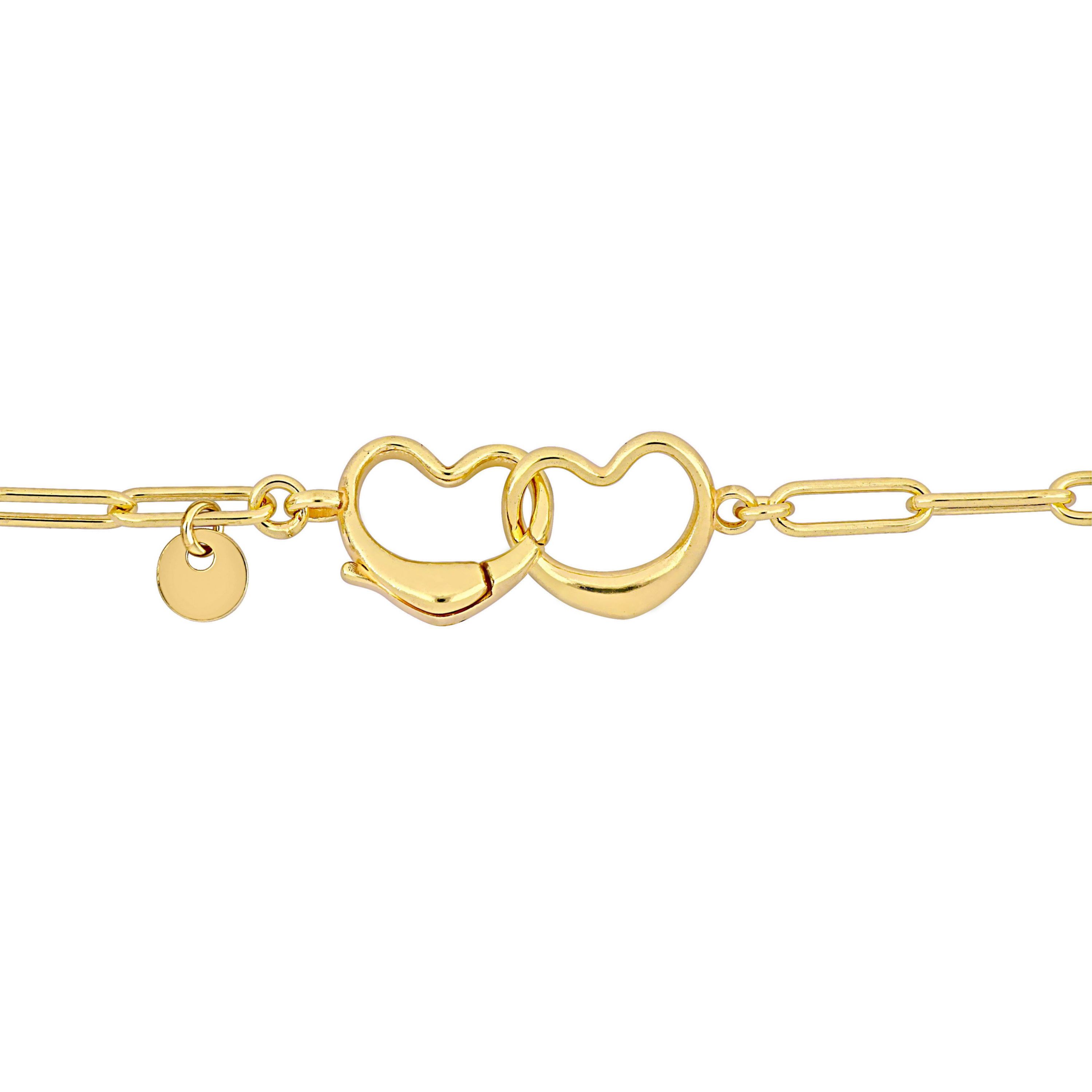 Paper Clip Link Bracelet with Double Heart Clasp in Yellow Plated Sterling Silver - 7.5"