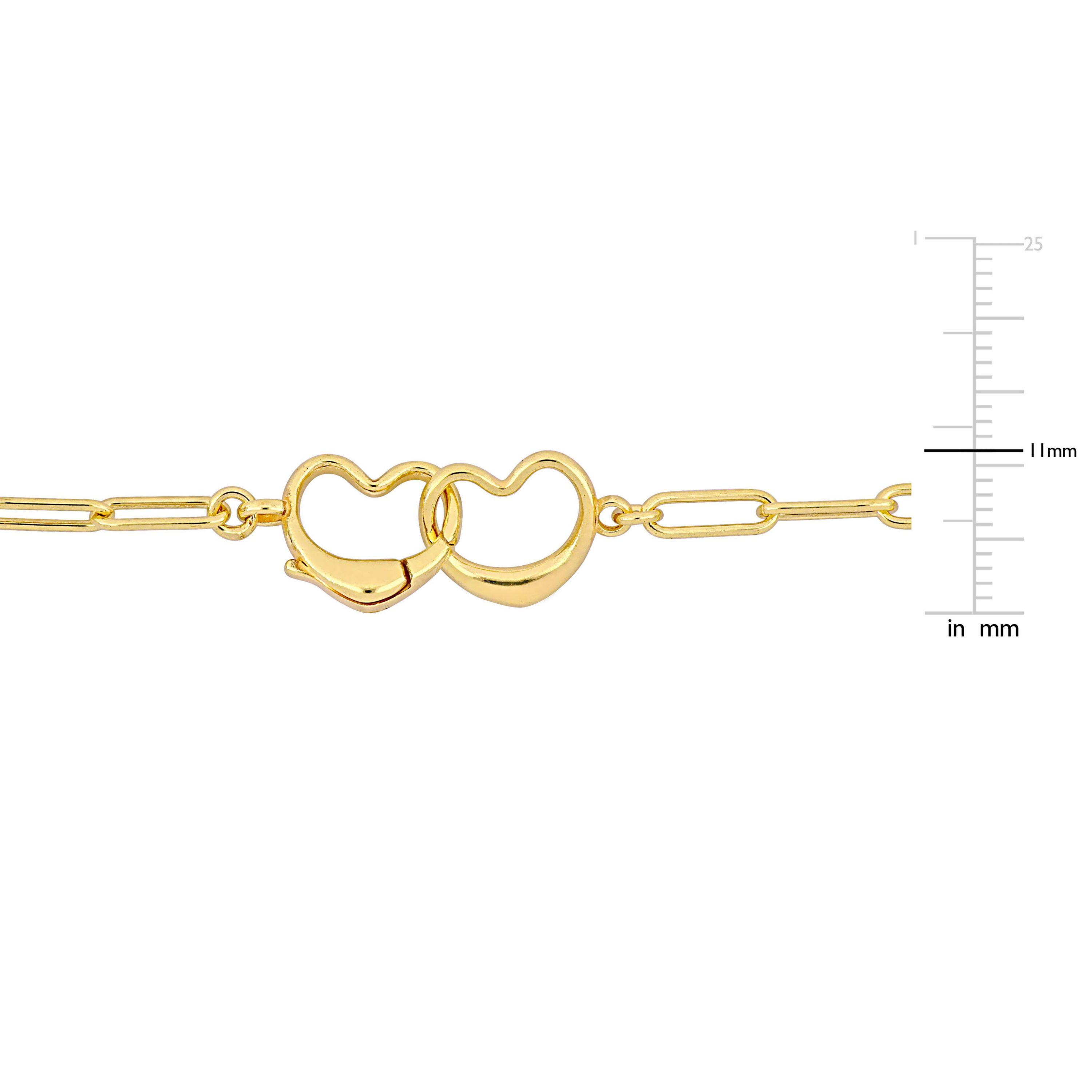 Paper Clip Link Bracelet with Double Heart Clasp in Yellow Plated Sterling Silver - 7.5"