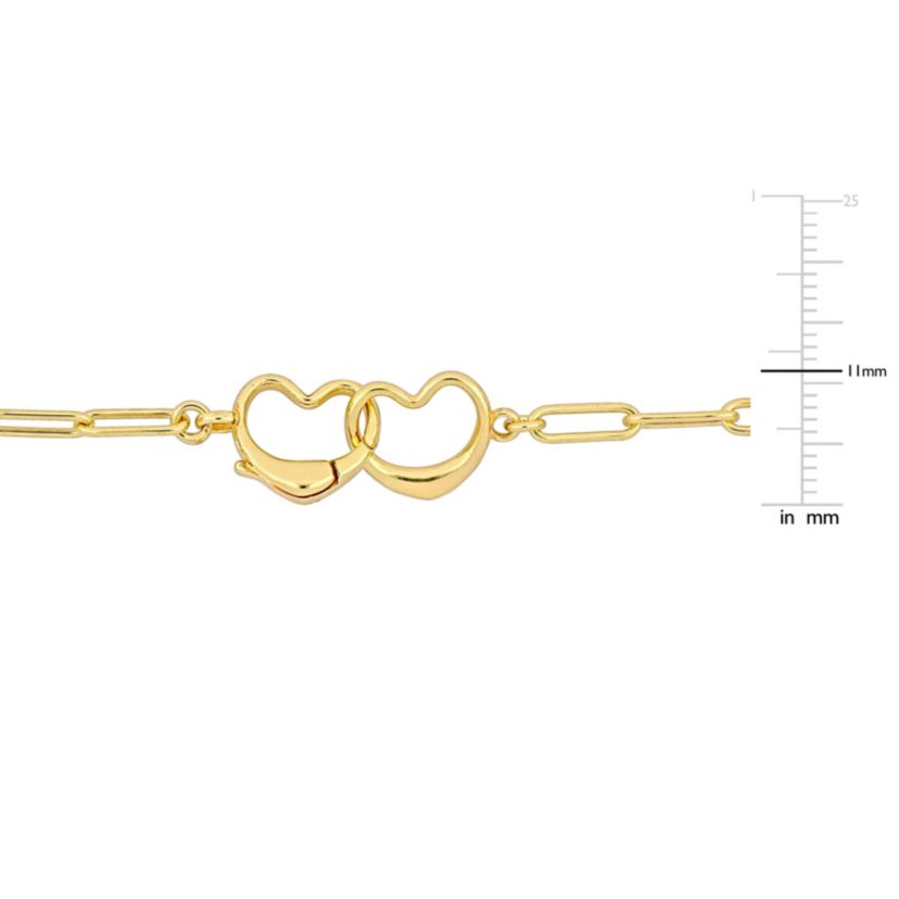 Paper Clip Link Bracelet with Double Heart Clasp in Yellow Plated Sterling Silver - 7.5"