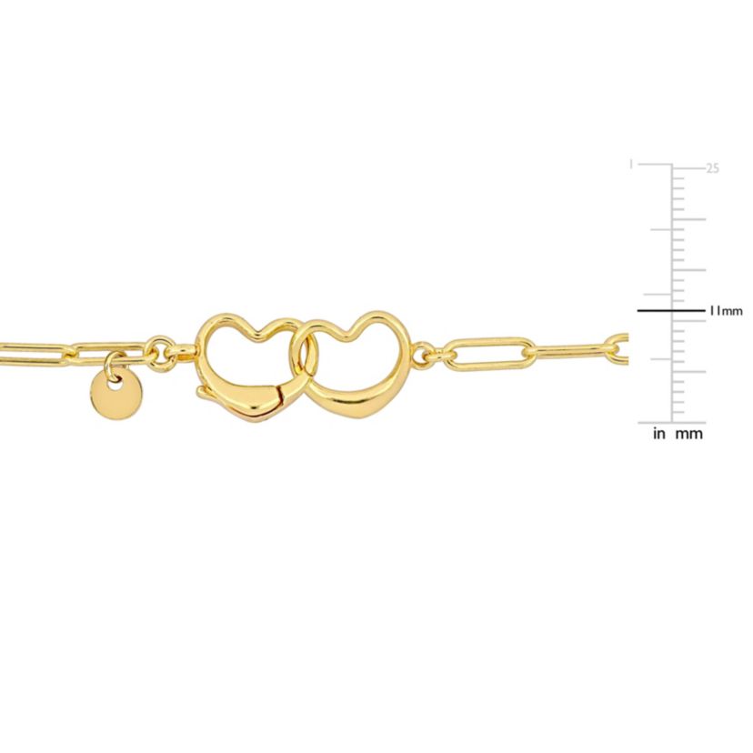 Paper Clip Link Bracelet with Double Heart Clasp in Yellow Plated Sterling Silver - 9"