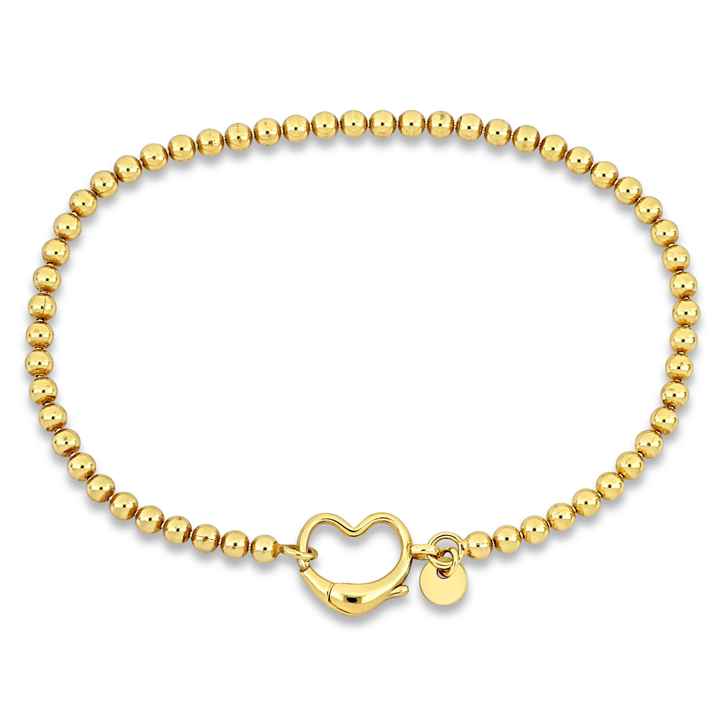 Bead Link Bracelet with Heart Clasp in Yellow Plated Sterling Silver - 9"
