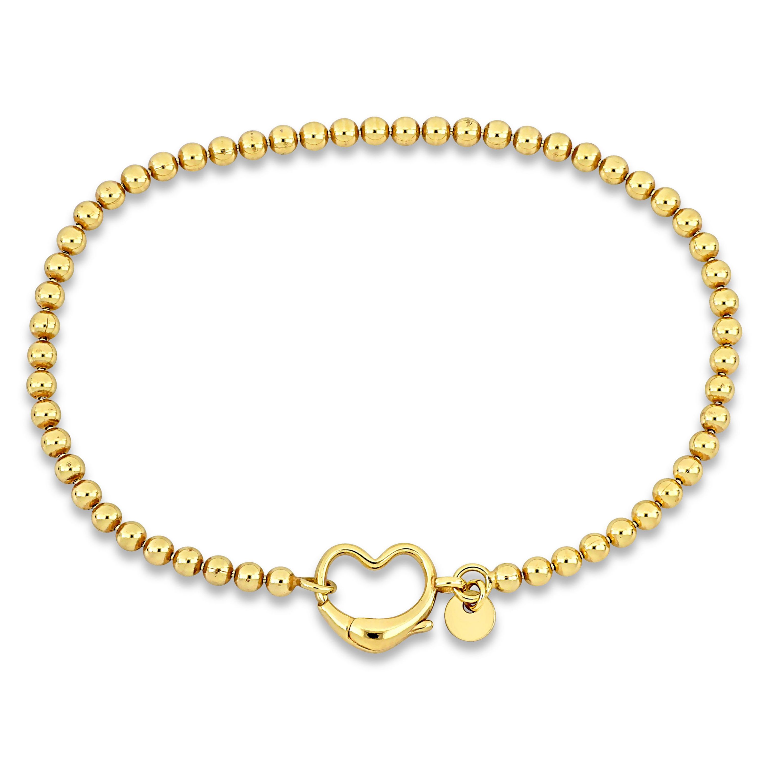 Bead Link Bracelet with Heart Clasp in Yellow Plated Sterling Silver - 9"