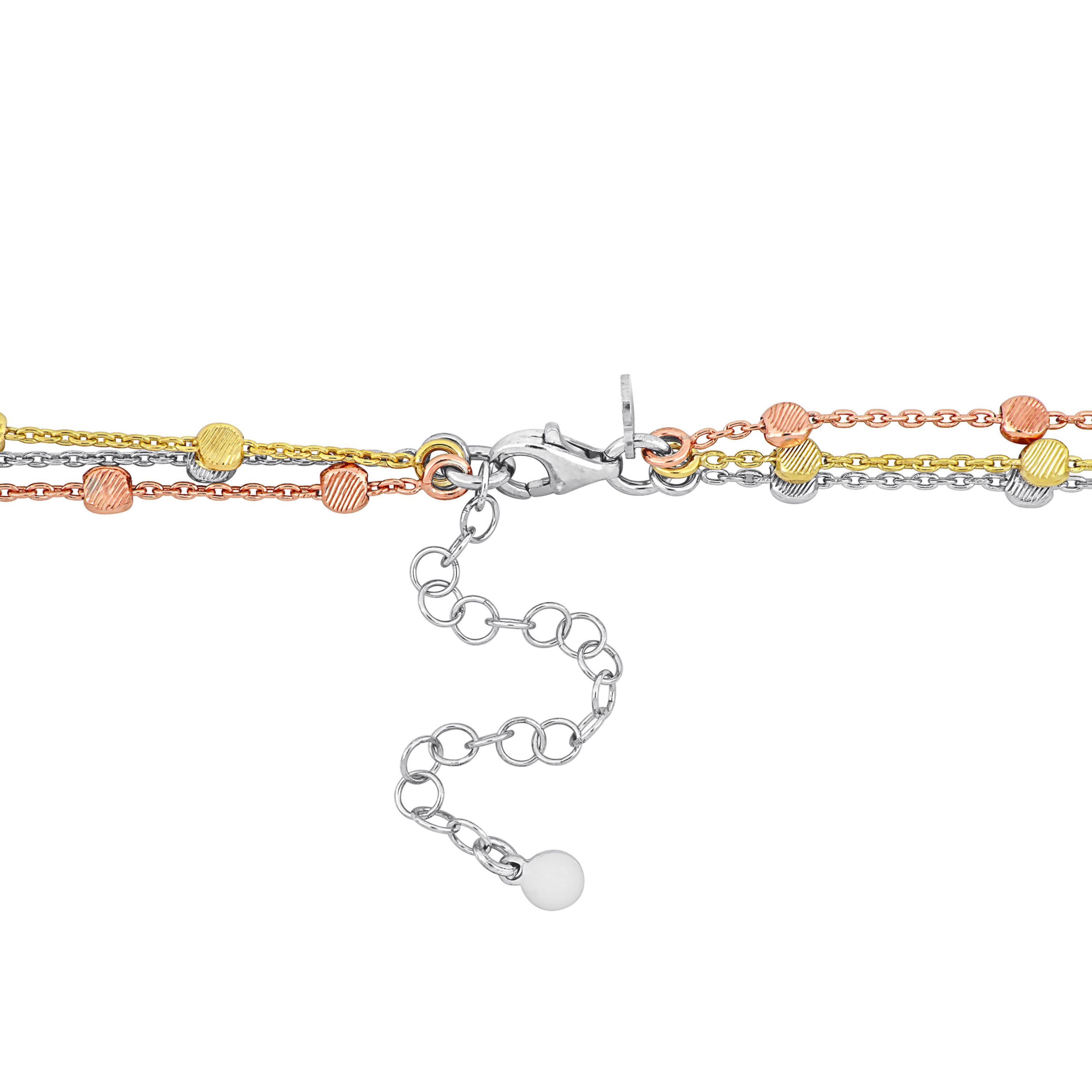 3-Strand Ball Station Necklace in 3-Tone Rose, Yellow Plated and White Sterling Silver