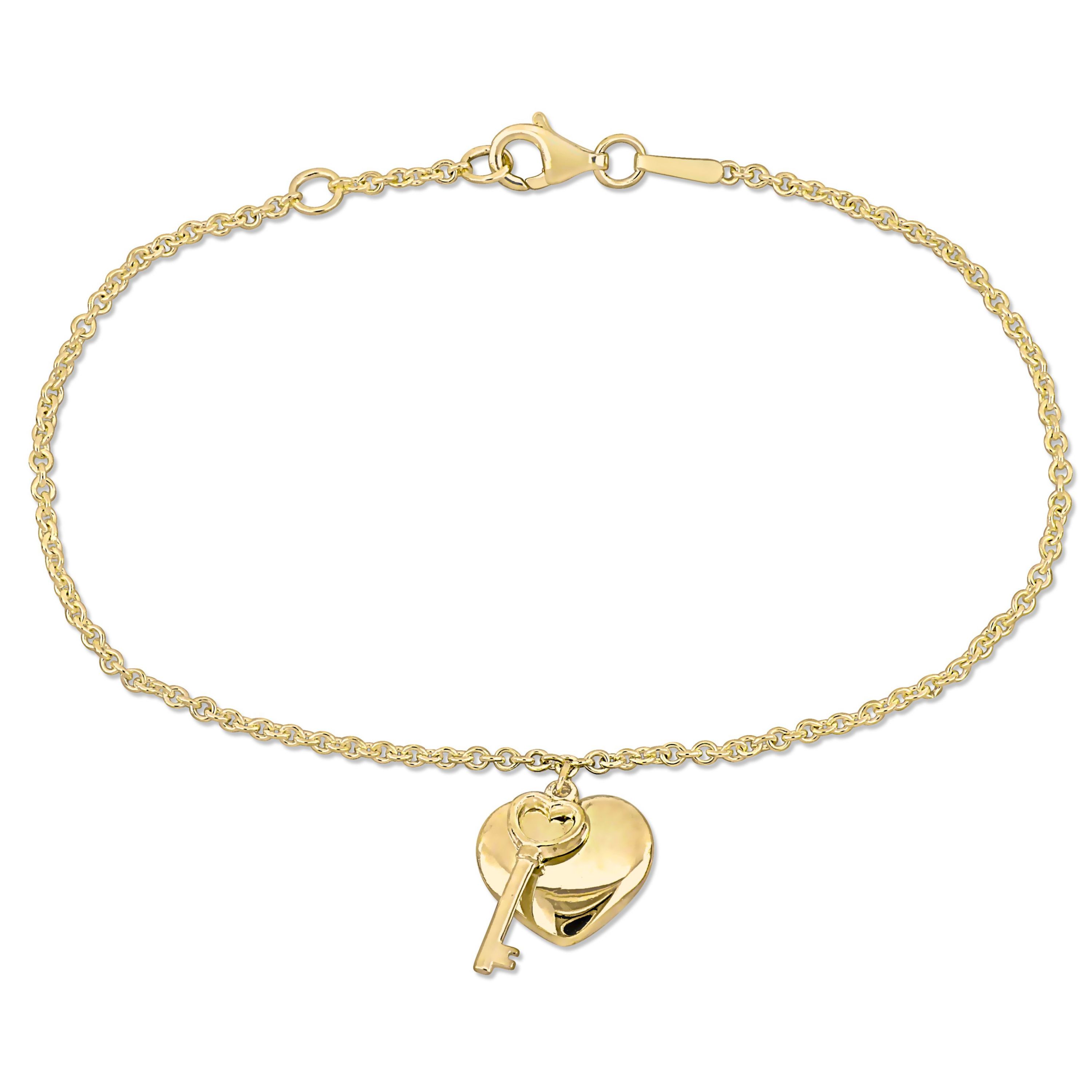 Heart & Key Charm Bracelet in 18K Yellow Gold Plated Sterling Silver