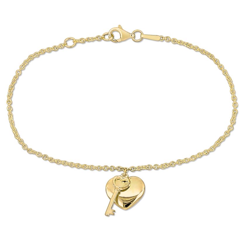 Heart & Key Charm Bracelet in 18K Yellow Gold Plated Sterling Silver
