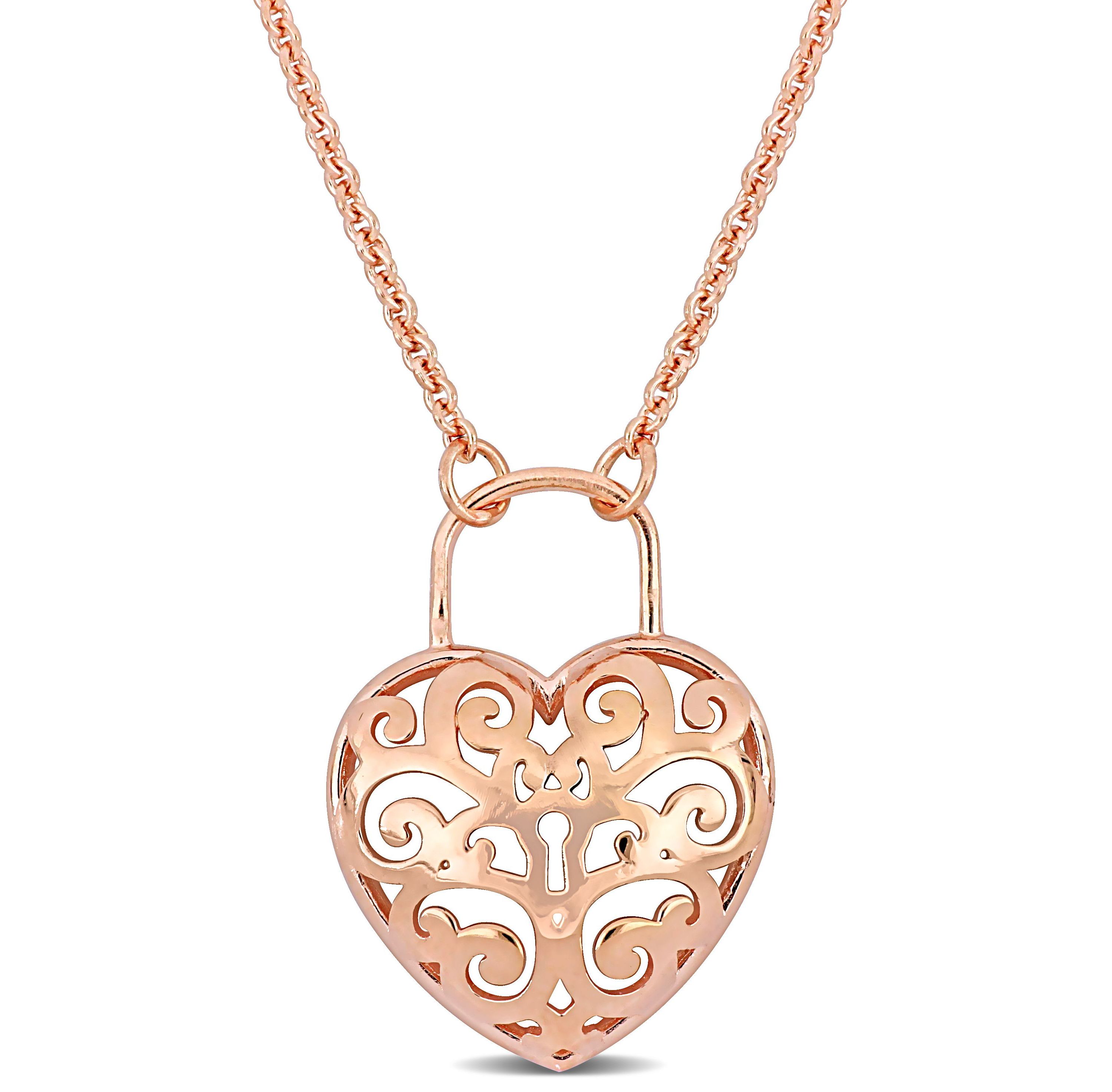 Heart Lock Charm Pendant with Chain in 18K Rose Gold Plated Sterling  Silver