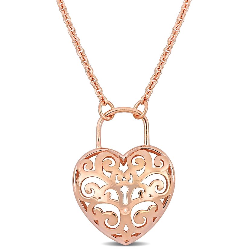 Heart Lock Charm Pendant with Chain in 18K Rose Gold Plated Sterling  Silver