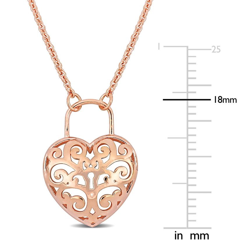 Heart Lock Charm Pendant with Chain in 18K Rose Gold Plated Sterling  Silver