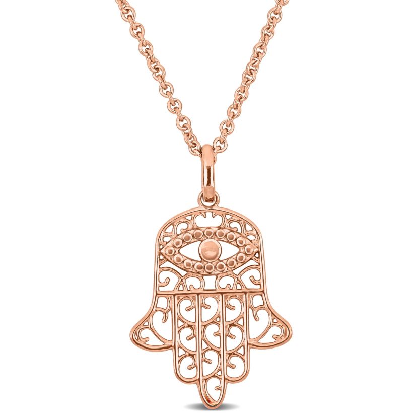 Hamsa Charm Pendant with Chain in 18K Rose Gold Plated Sterling Silver