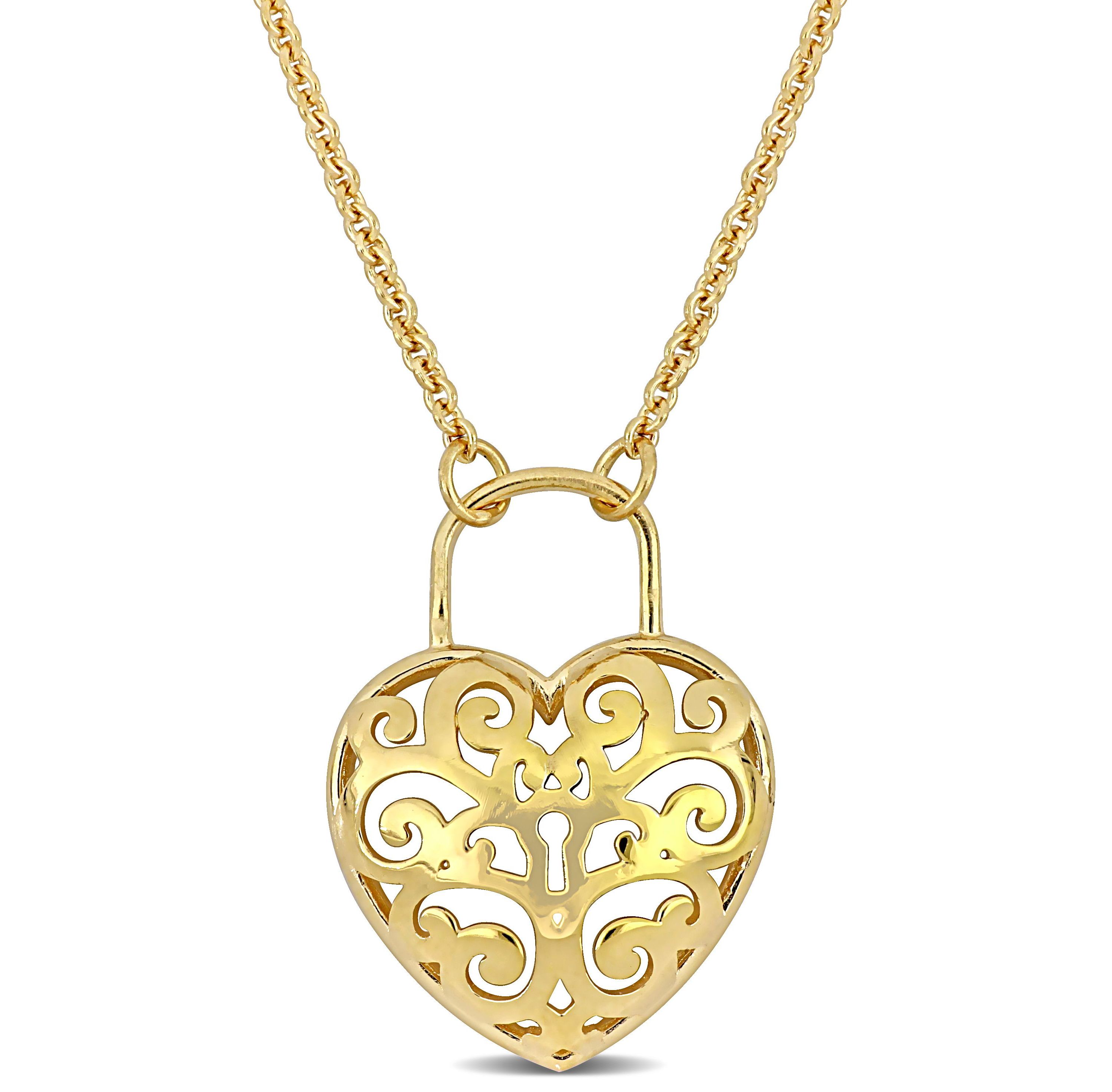 Heart Lock Charm Pendant with Chain in 18K Yellow Gold Plated Sterling Silver