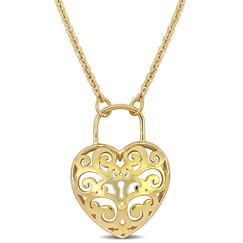 Heart Lock Charm Pendant with Chain in 18K Yellow Gold Plated Sterling Silver