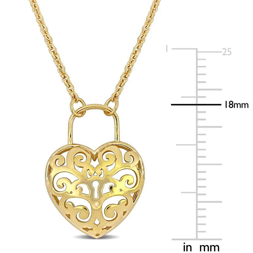 Heart Lock Charm Pendant with Chain in 18K Yellow Gold Plated Sterling Silver