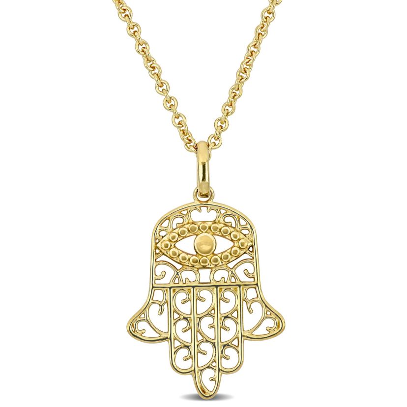 Hamsa Charm Pendant with Chain in 18K Yellow Gold Plated Sterling Silver