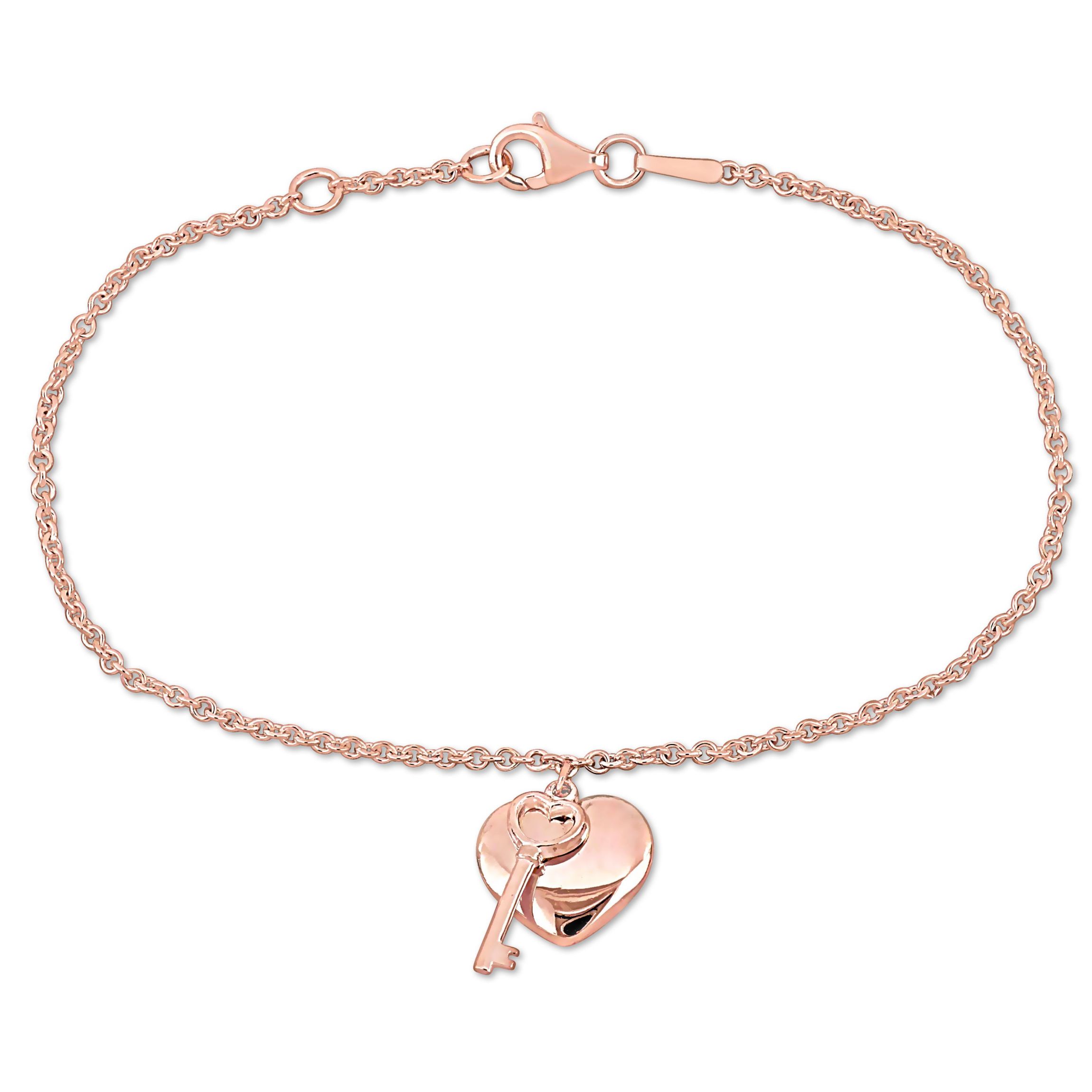Heart & Key Charm Bracelet in 18K Rose Gold Plated Sterling Silver