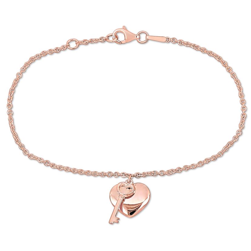 Heart & Key Charm Bracelet in 18K Rose Gold Plated Sterling Silver