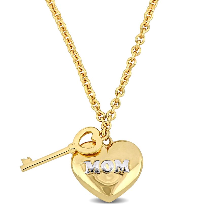 Heart & Key Charm "Mom" Necklace in 18K Yellow Gold Plated and White Sterling Silver