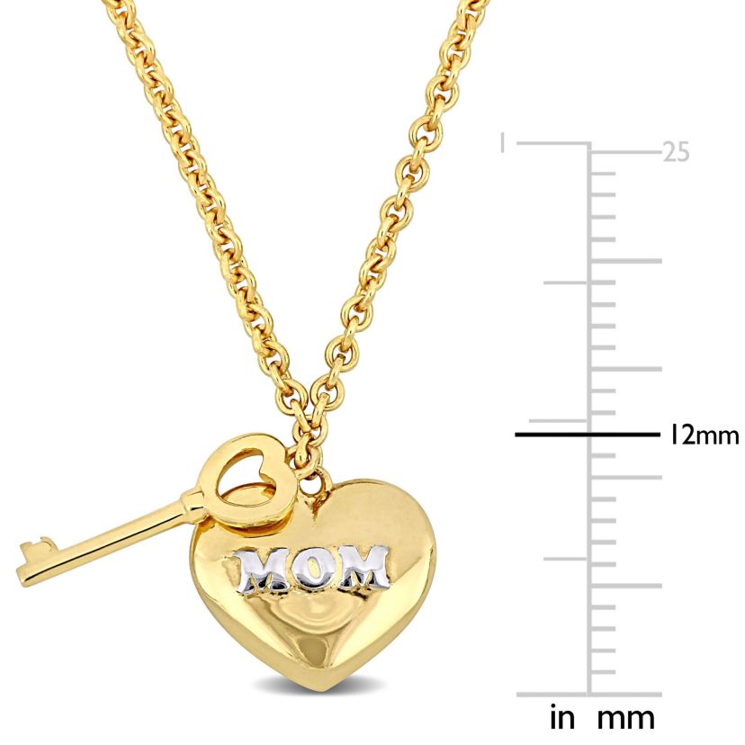 Heart & Key Charm "Mom" Necklace in 18K Yellow Gold Plated and White Sterling Silver