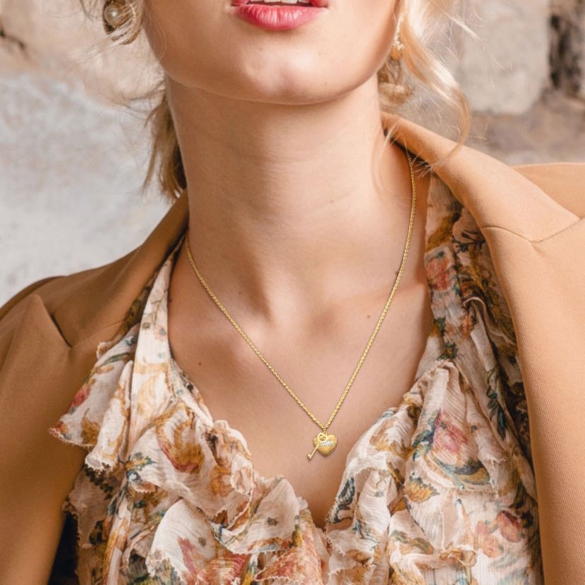 Heart & Key Charm "Mom" Necklace in 18K Yellow Gold Plated and White Sterling Silver