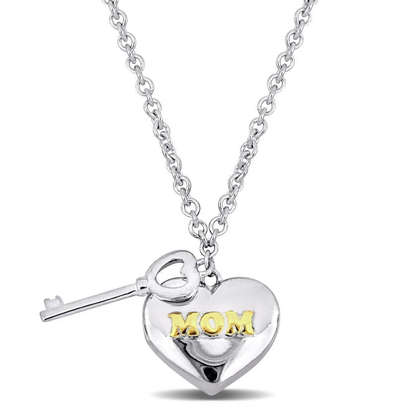Heart & Key Charm "Mom" Necklace in 18k Yellow Gold Plated & White Sterling Silver