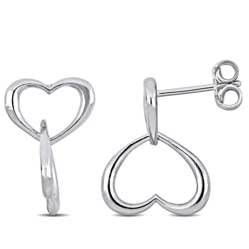 Double Heart Drop Earrings in Sterling Silver