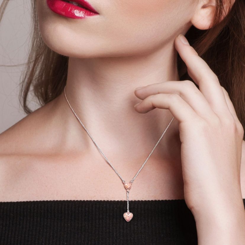 Heart Drop Necklace in 2-Tone Rose Plated & White Sterling Silver