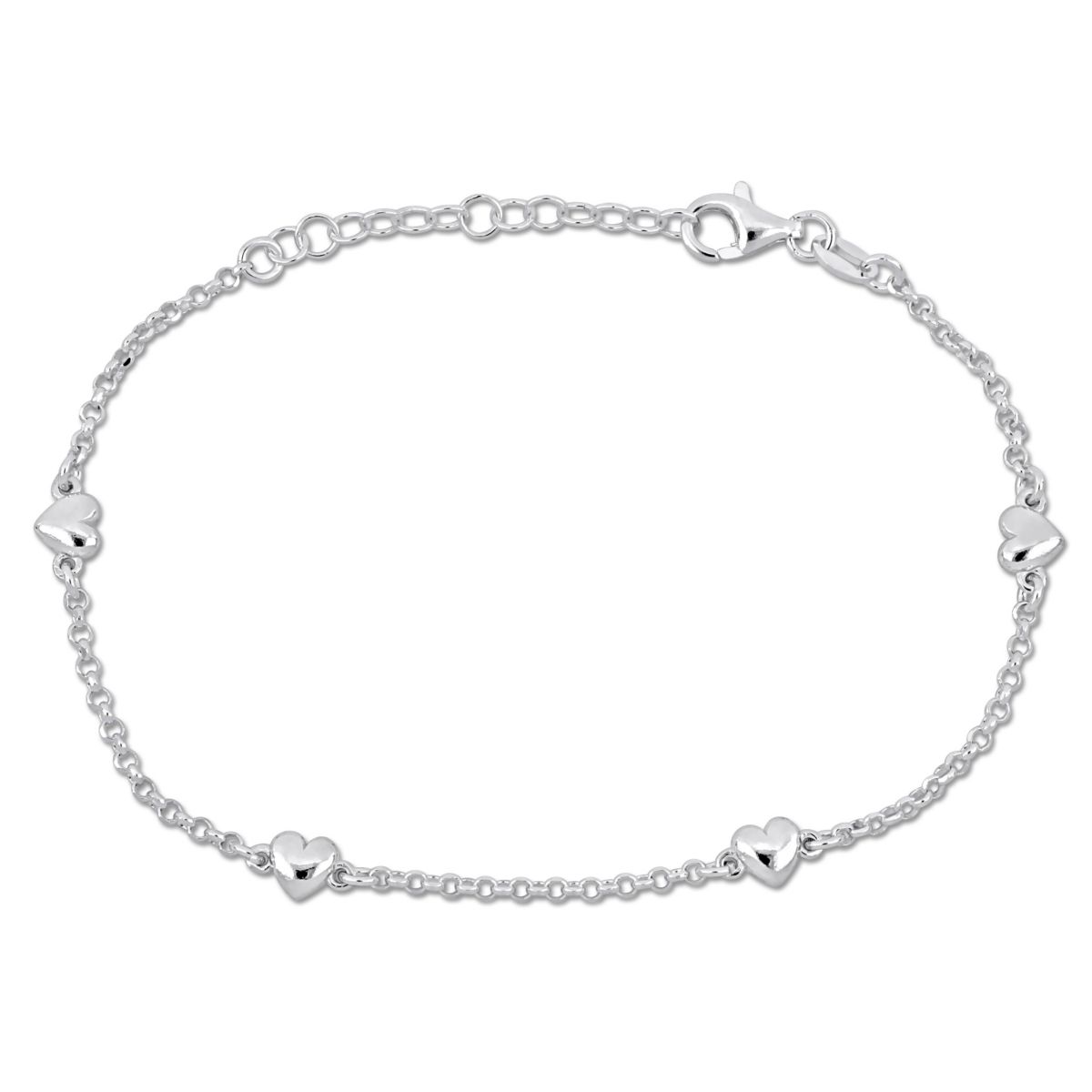 Heart Charm Station Rolo Chain Bracelet in Sterling Silver