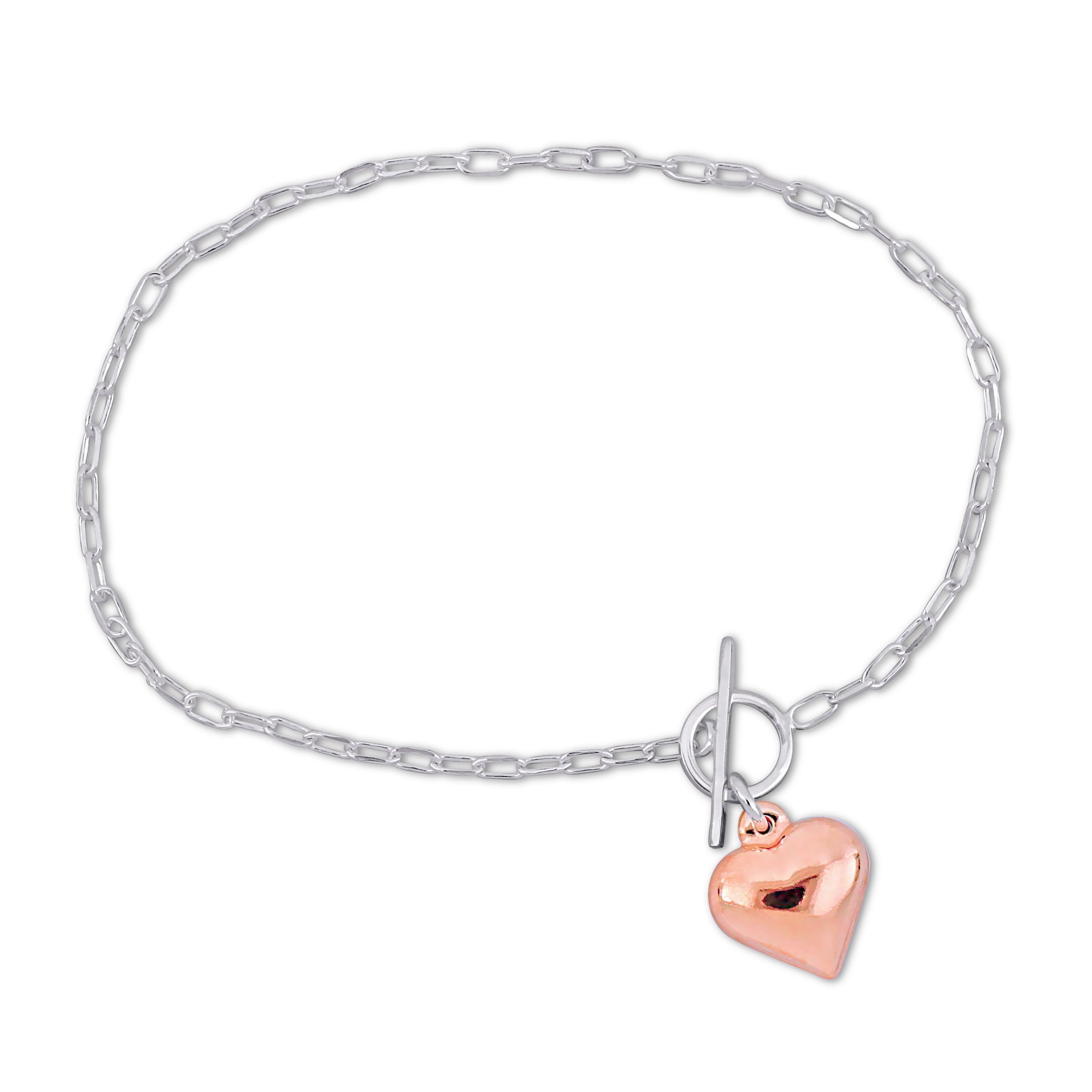 2MM Heart Charm Oval Link Chain Bracelet In 2-Tone White & Rose Plated Sterling Silver