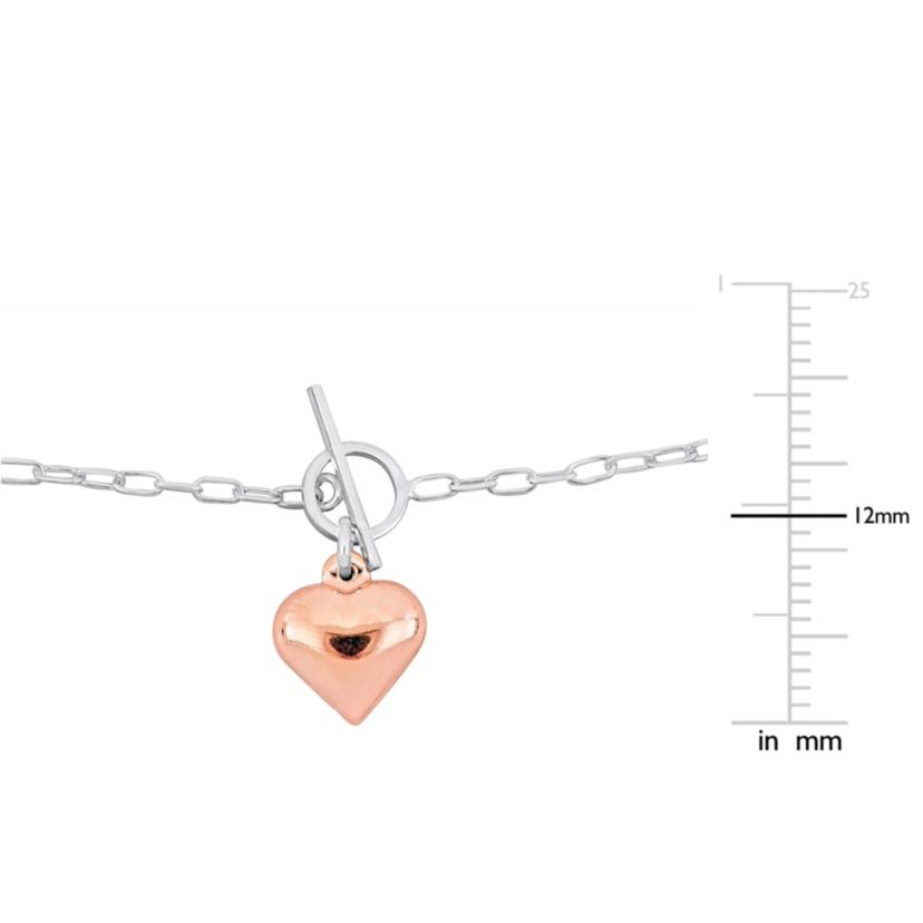 2MM Heart Charm Oval Link Chain Bracelet In 2-Tone White & Rose Plated Sterling Silver