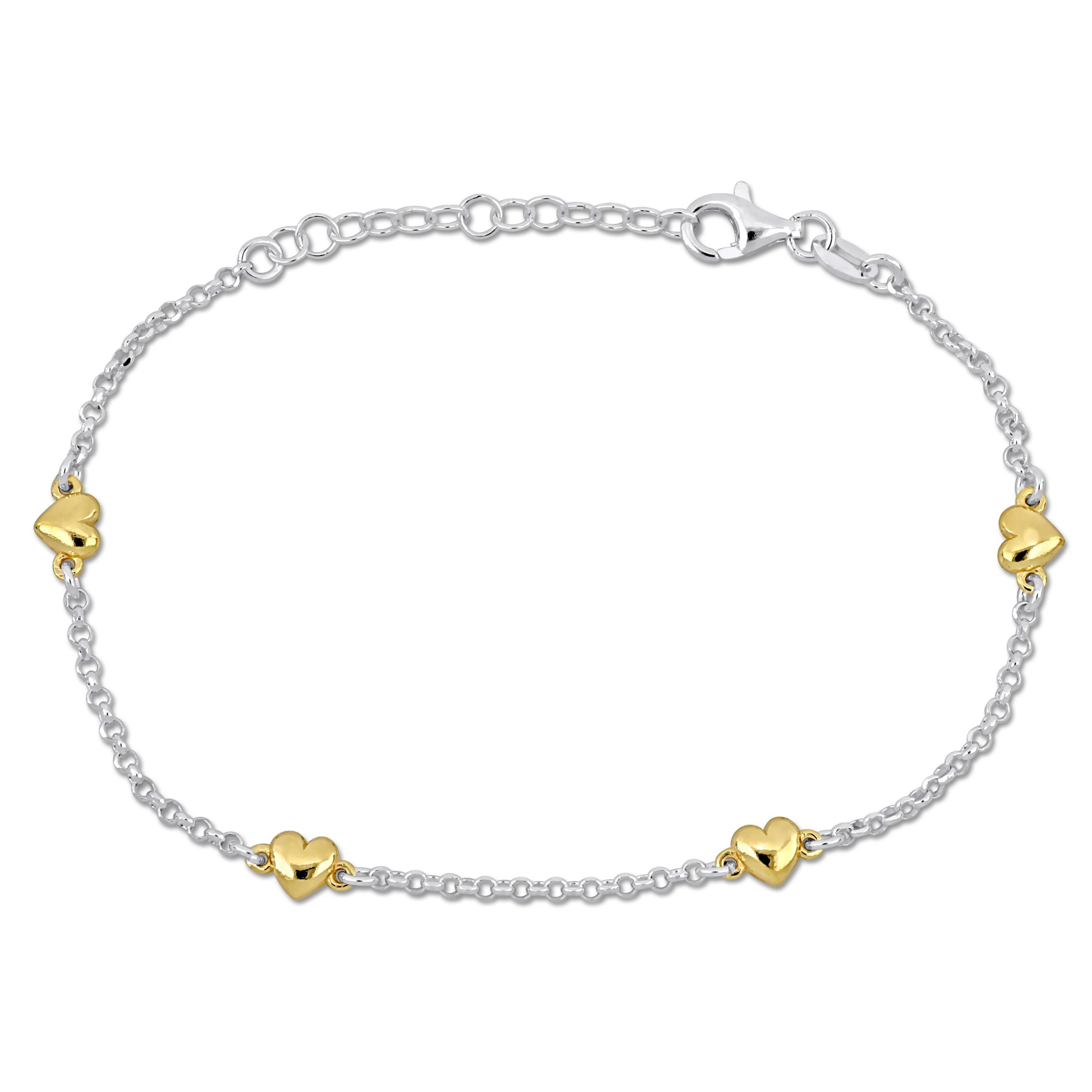 Heart Charm Station Rolo Chain Bracelet in 2-Tone White & Yellow Plated Sterling Silver