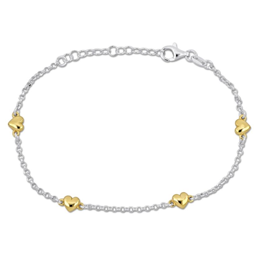 Heart Charm Station Rolo Chain Bracelet in 2-Tone White & Yellow Plated Sterling Silver