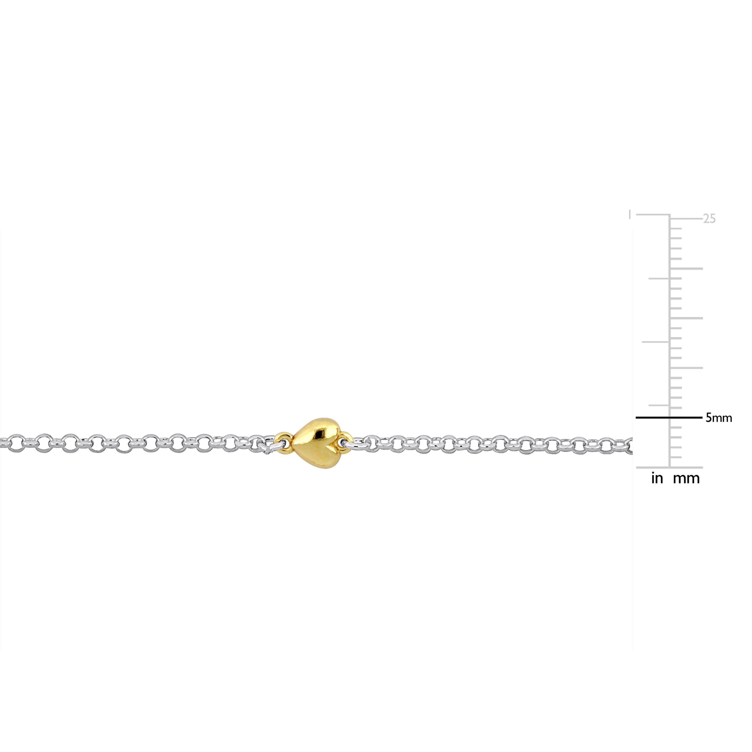 Heart Charm Station Rolo Chain Bracelet in 2-Tone White & Yellow Plated Sterling Silver