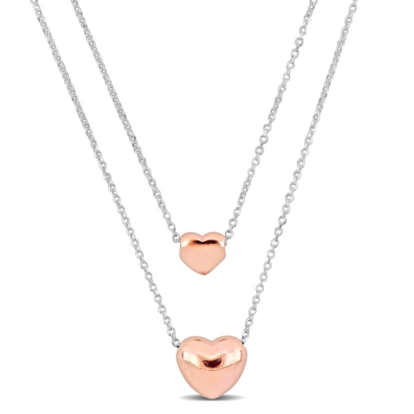 Double Strand Heart Necklace in 2-Tone Rose Plated & White Sterling Silver