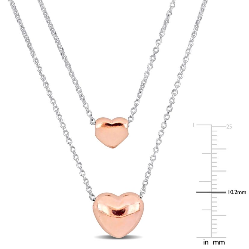 Double Strand Heart Necklace in 2-Tone Rose Plated & White Sterling Silver