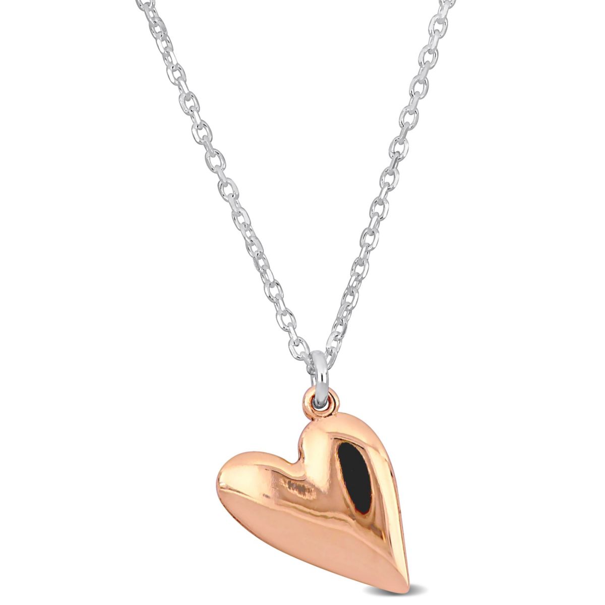 Heart Charm Cable Chain Necklace in 2-Tone Rose Plated & White Sterling Silver