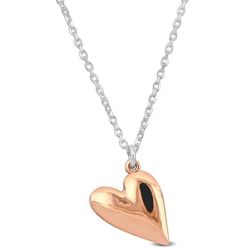 Heart Charm Cable Chain Necklace in 2-Tone Rose Plated & White Sterling Silver